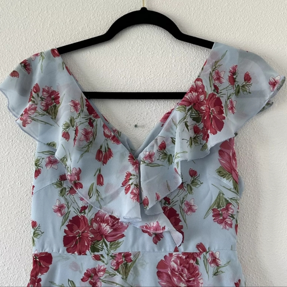 JJ's House Blue Floral Print V-Neck A-line Chiffon Asymmetrical Dress - Picture 3 of 4